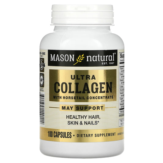 Mason Natural Ultra Collagen Beauty Formula capsules in a white bottle, dietary supplement for skin health and collagen support.