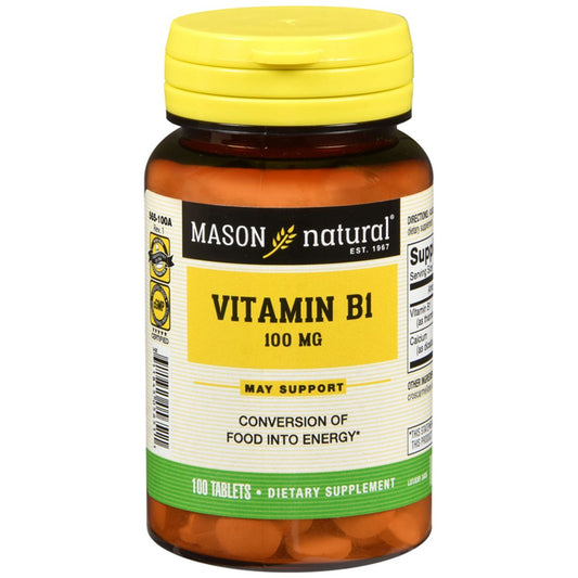 Mason Natural Vitamin B1 100mg tablets in a bottle, dietary supplement for energy and nerve support.