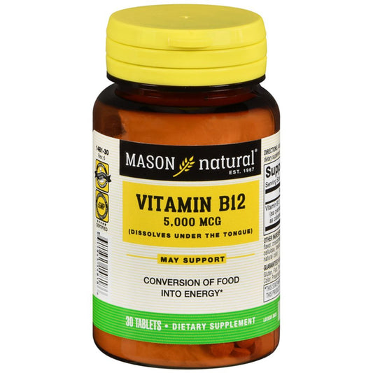 Mason Natural Vitamin B-12 Sublingual 5000 mcg supplement tablets in a bottle, designed for quick absorption and daily use.