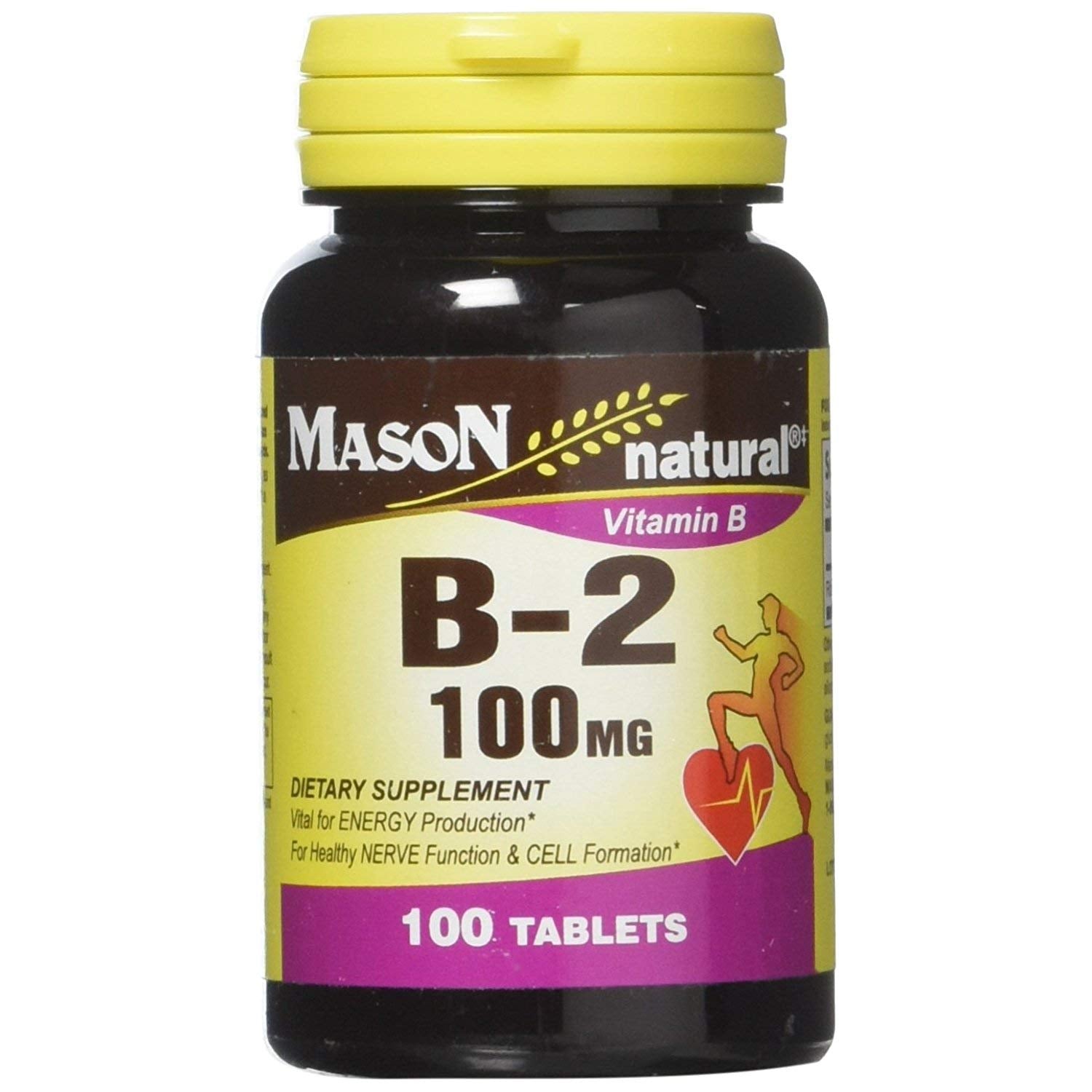 Mason Natural Vitamin B-2 Riboflavin 100 mg tablets, dietary supplement, in a bottle with tablets visible inside
