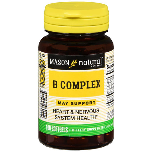 Mason Natural Vitamin B Complex softgels in a bottle, dietary supplement for energy and metabolism support.