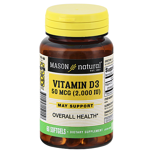 Mason Natural Vitamin D 2000 IU softgels in a bottle, dietary supplement for bone health and immune support.