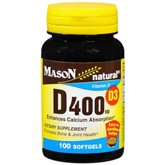 Mason Natural Vitamin D3 softgels, 10 mcg, bottle of 100 vitamin supplement capsules for immune support and bone health