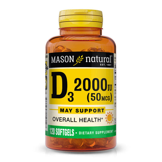 Mason Natural Vitamin D3 2000 IU softgels, dietary supplement in clear softgel capsules, natural health product.