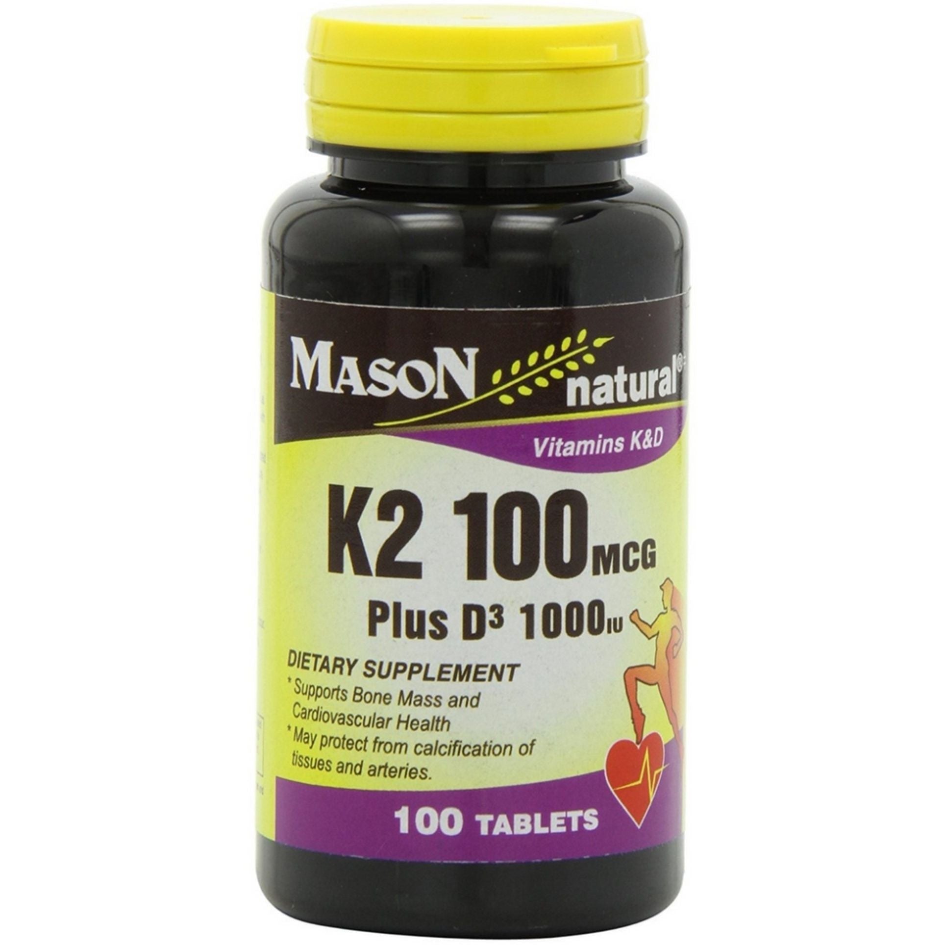 Mason Natural Vitamin K2 100 mcg and D3 1000 IU tablets, dietary supplement in blister pack, for bone and heart health.