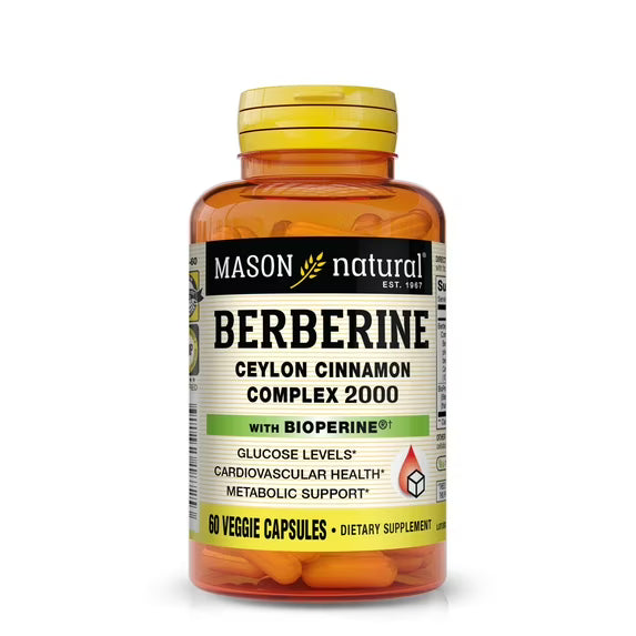 Natural Berberine and Ceylon Cinnamon complex capsules by Mason Vitamins INC in 60 veggie capsules, dietary supplement for wellness.