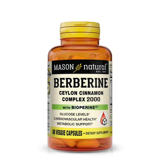 Natural Berberine and Ceylon Cinnamon complex capsules by Mason Vitamins INC in 60 veggie capsules, dietary supplement for wellness.