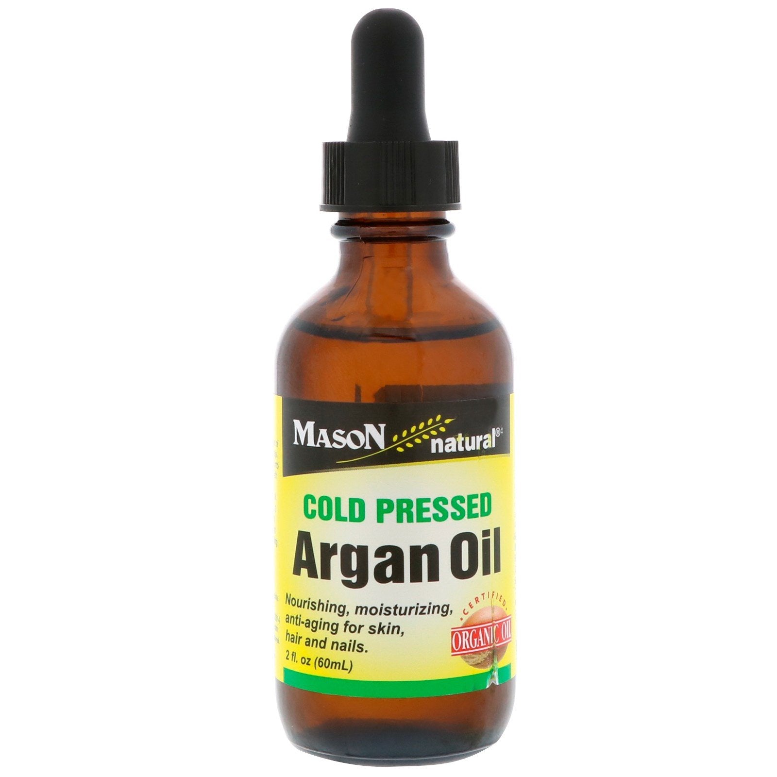 Natural cold pressed argan oil from Mason Vitamins in a 2 oz bottle, ideal for skin and hair care.