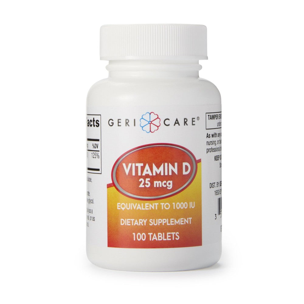 Bottle of McKesson Geri-Care Vitamin D tablets from Pasteur Pharmacy, 100 softgels, supplement for bone health and immune support.