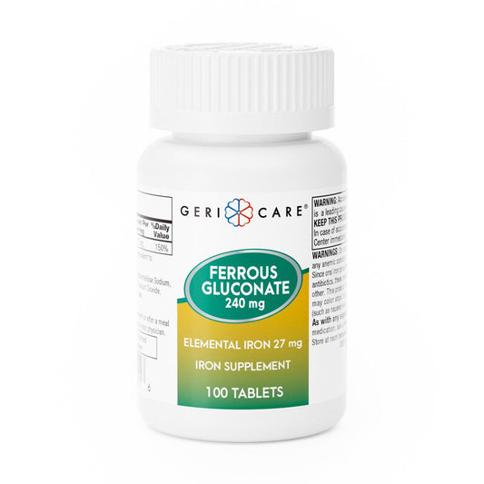 Box of 12 McKesson Ferrous Gluconate vitamins and supplements, showing the label and packaging details.