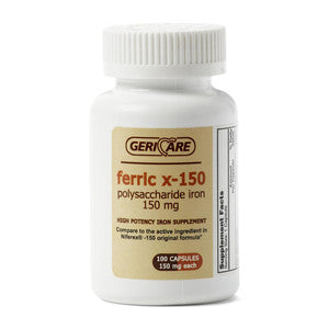 McKesson Geri Care Ferric X-150 Polysaccharide Iron Capsules bottle, vitamins and supplements by Pasteur Pharmacy, white label with blue cap