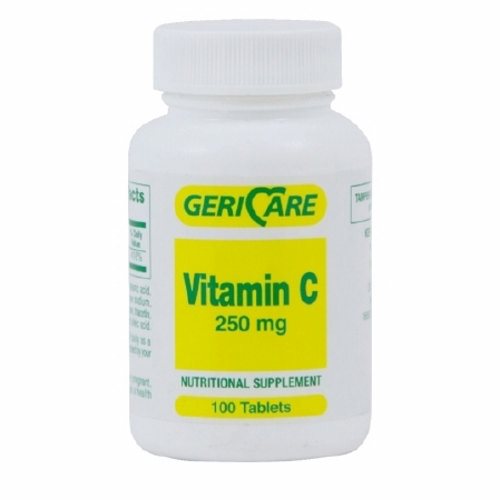 Bottle of McKesson Vitamin C 250 mg supplements with 100 tablets in a clear plastic bottle.