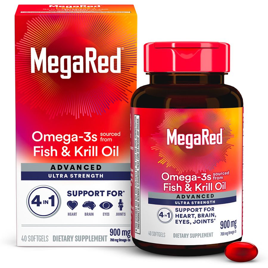 MegaRed Advanced 4-in-1 Omega-3 Fish and Krill Oil supplement softgel in blister pack for vitamins and supplements.