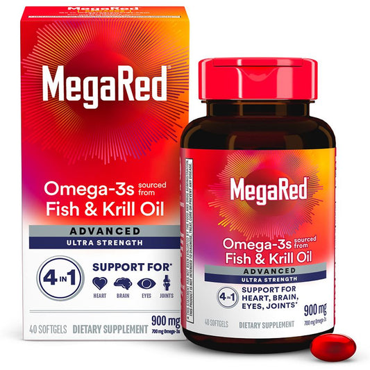 MegaRed Advanced 4-in-1 Omega-3 Fish and Krill Oil supplement softgel in blister pack for vitamins and supplements.