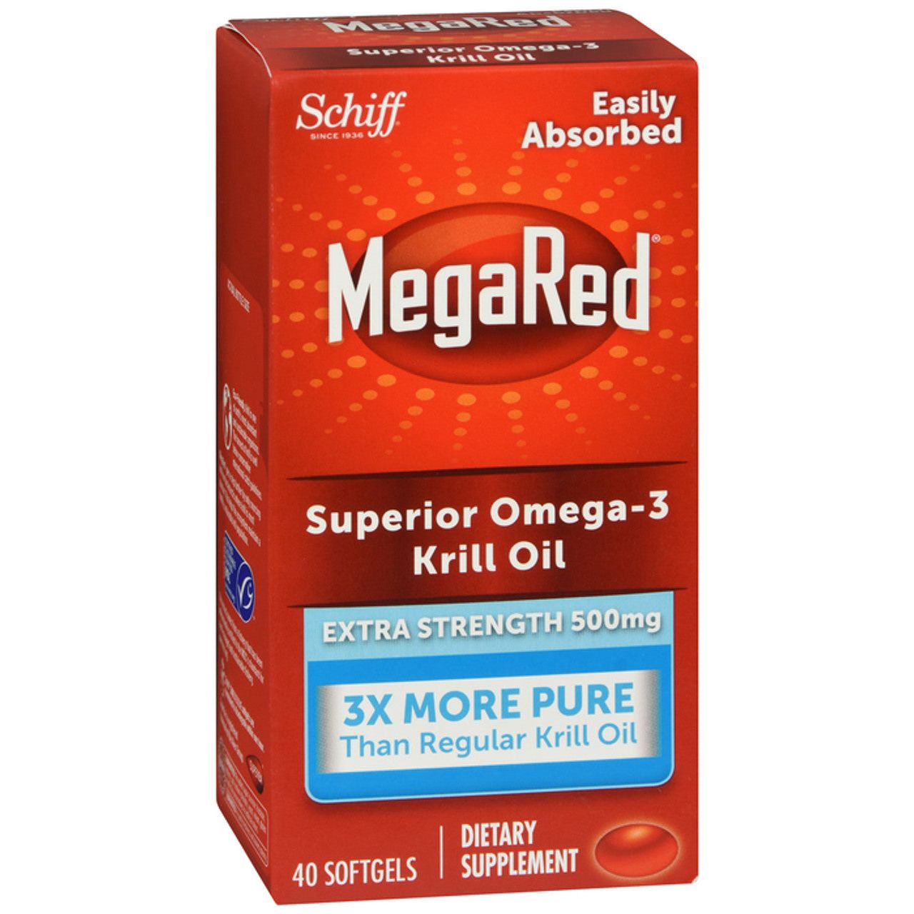 MegaRed Krill Oil softgels, 500 mg, Omega 3 supplement, extra strength, 40 count bottle, Pasteur Pharmacy vitamins and supplements