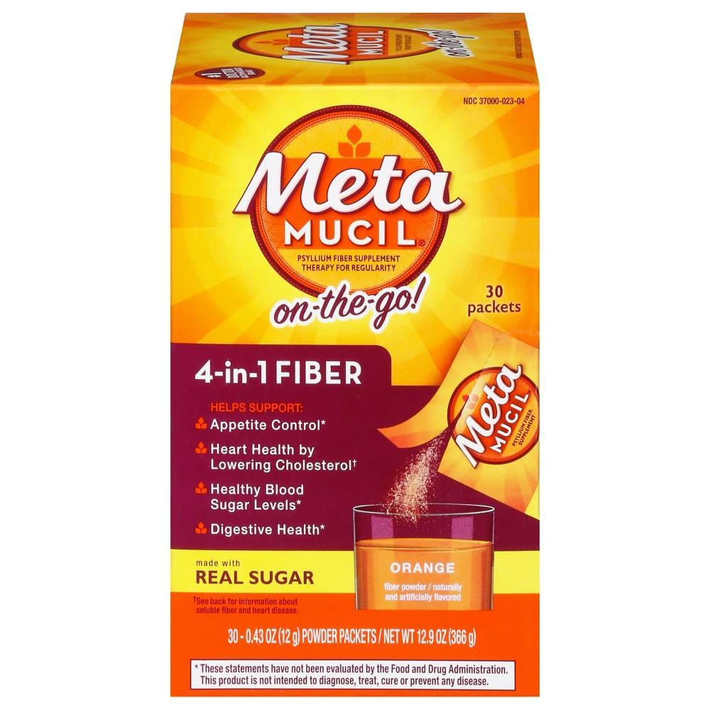 Metamucil Daily Fiber Powder Packets in Orange Smooth flavor, 30-count, dietary supplement from Pasteur Pharmacy.