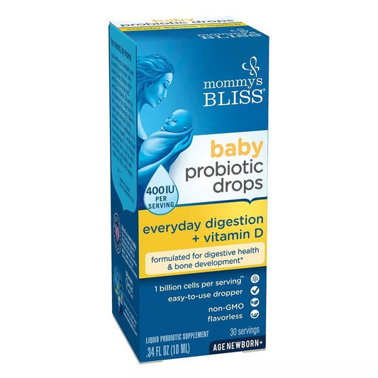 Mommy's Bliss Baby Probiotic Drops with Vitamin D in a 0.34 fl oz bottle, supplement for infants, by Pasteur Pharmacy.