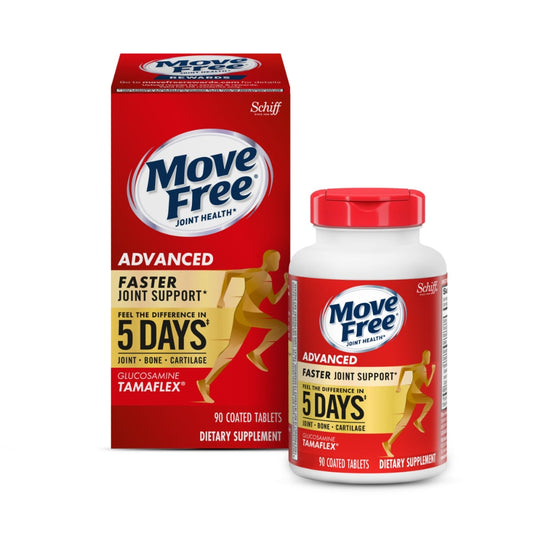 Move Free Advanced joint support supplement bottle from Pasteur Pharmacy, showing label with product details and supplement capsules inside.