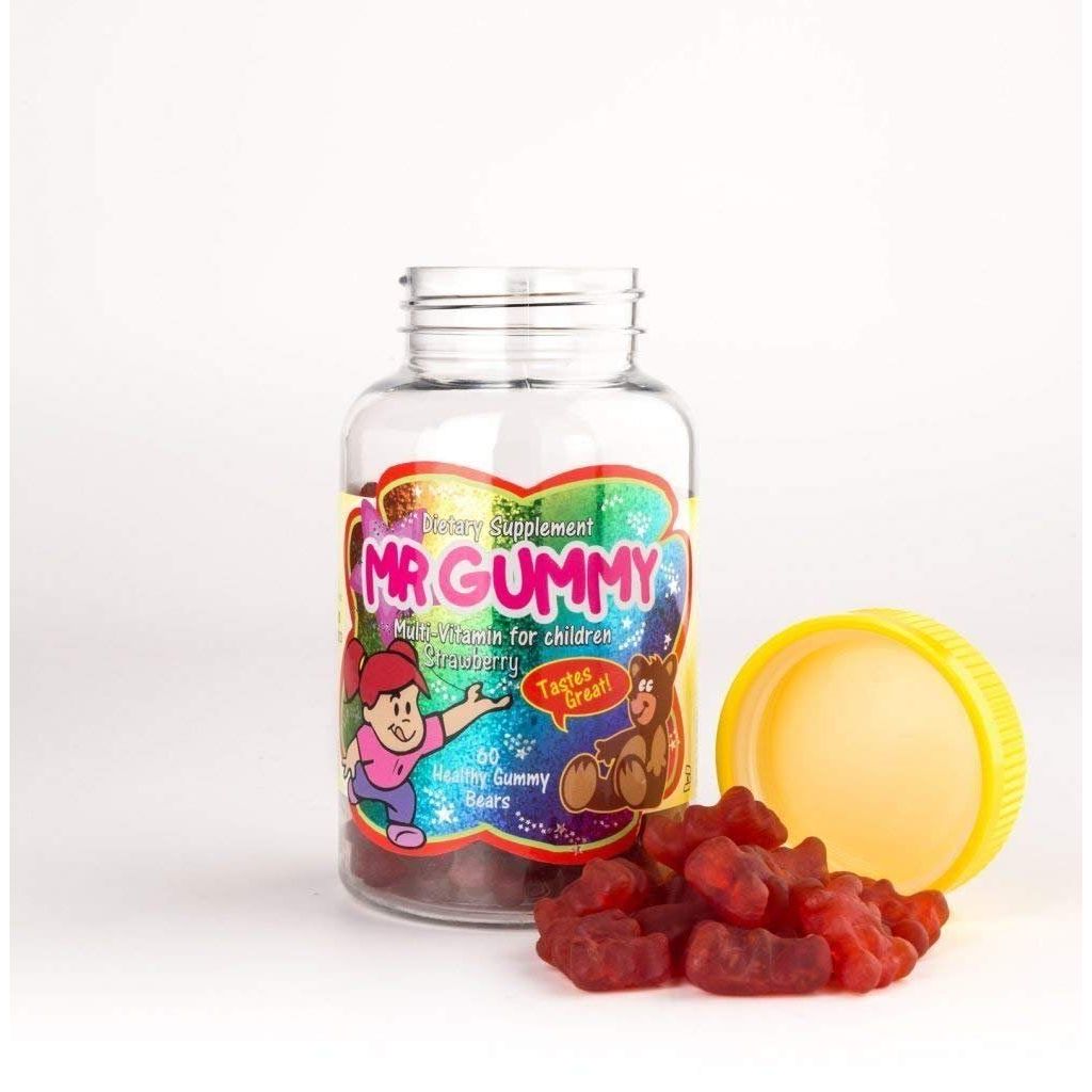 Strawberry-flavored Mr. Gummy Vitamins for children, Pasteur Pharmacy multivitamin gummies with colorful gummy bears in a jar.
