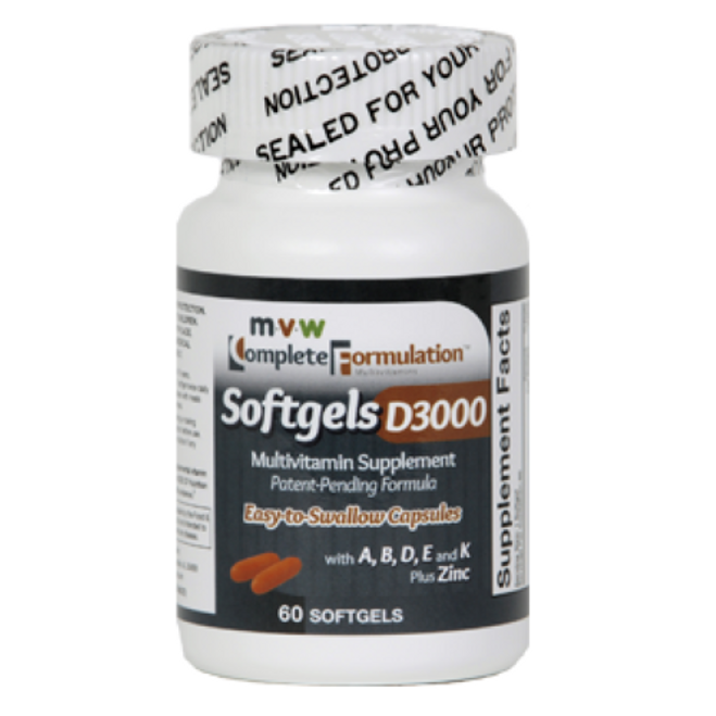 MVW Complete Formulation D3000 Softgel Multivitamins with Zinc, dietary supplement by Pasteur Pharmacy, showing softgel bottles.