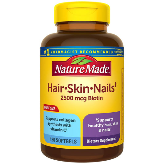 N M Hair Skin Nails Gc supplement bottle from Pasteur Pharmacy, showing the label and packaging of vitamins for hair, skin, and nails.