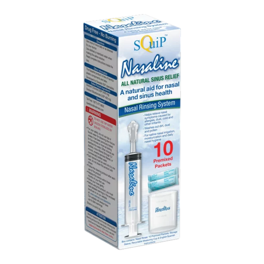 Nasaline nasal rinsing system kit by Pasteur Pharmacy, used for nasal hygiene and sinus relief, with nasal spray bottle and accessories.