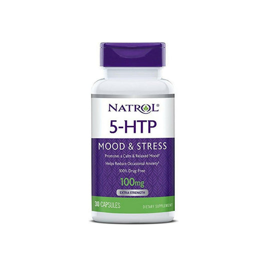 Natrol 5-HTP 100 mg double strength supplement bottle, natural vitamins and supplements for mood support.