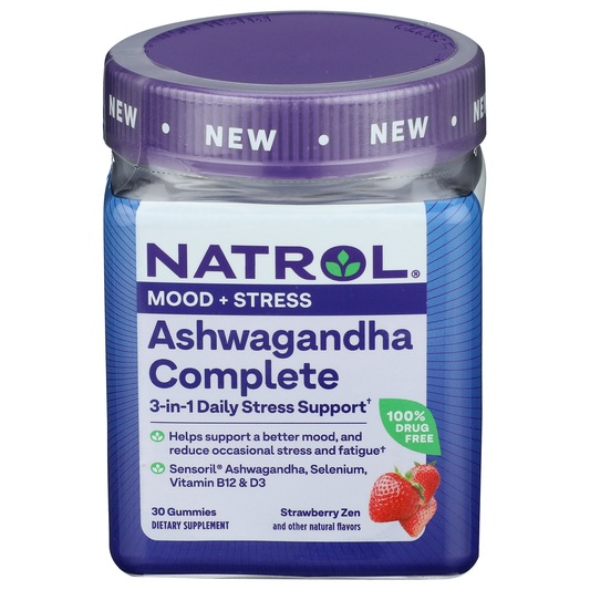 Natrol Ashwagandha Complete Gummies in a bottle, dietary supplement vitamins and supplements for stress relief and wellness.