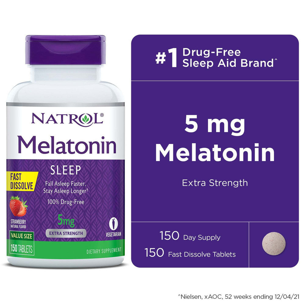 Natrol Fast Dissolve Melatonin Tablets in strawberry flavor, 5 mg, for sleep support, displayed in a blister pack.