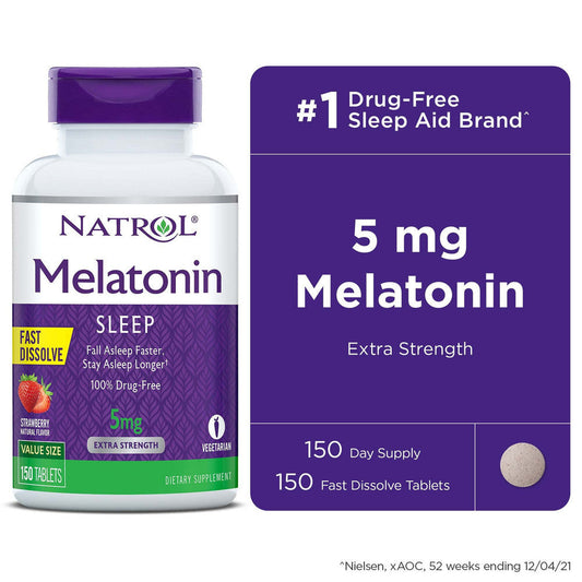 Natrol Fast Dissolve Melatonin Tablets in strawberry flavor, 5 mg, for sleep support, displayed in a blister pack.