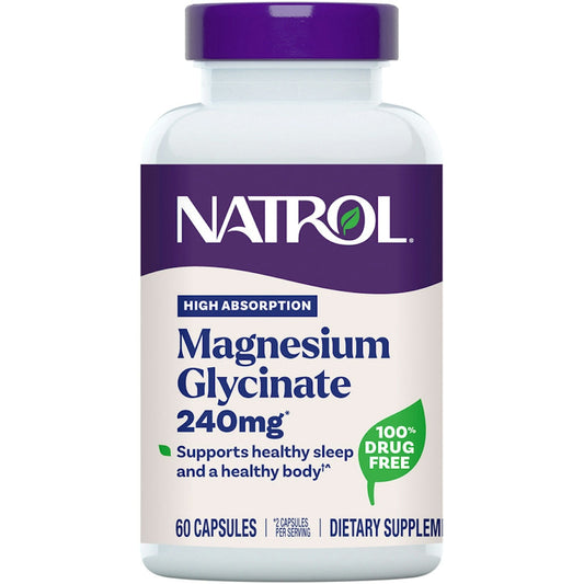 Bottle of Natrol High Absorption Magnesium Glycinate capsules, dietary supplement in a clear container.