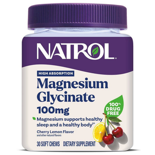 Natrol High Absorption Magnesium Glycinate soft chews in cherry lemon flavor, dietary supplement for muscle and nerve health.