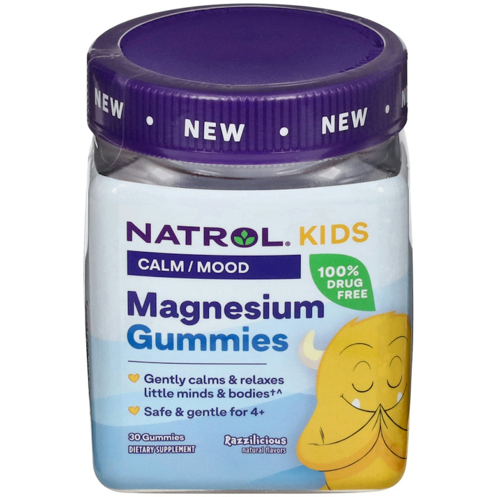 Natrol Kids Magnesium Calm/Mood Gummies in Razzilicious flavor, vitamin supplement for children promoting relaxation and mood support.