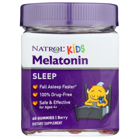 Natrol Kids Melatonin Sleep Gummies in berry flavor, a dietary supplement for children to support healthy sleep.