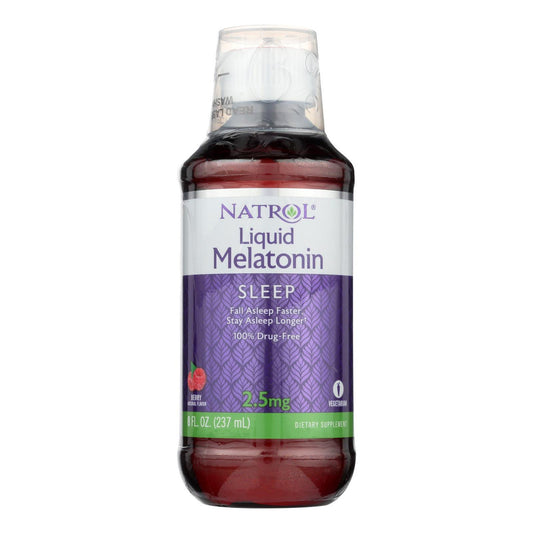 Natrol Liquid Sleep supplement with 2.5 mg melatonin in berry flavor, 8 fl oz bottle, for promoting restful sleep.