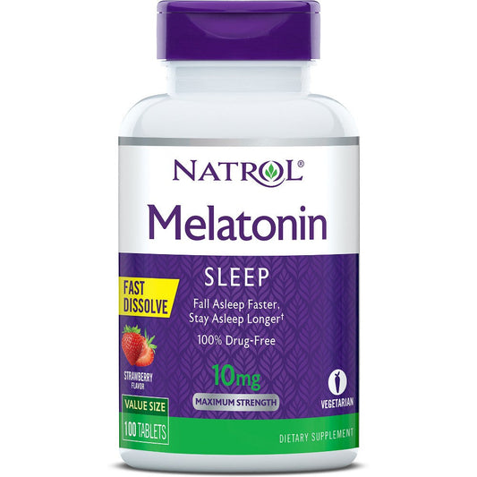 Natrol Maximum Strength Strawberry Melatonin Sleep Tablets in value size, 10 mg, supplement bottle with tablets visible.