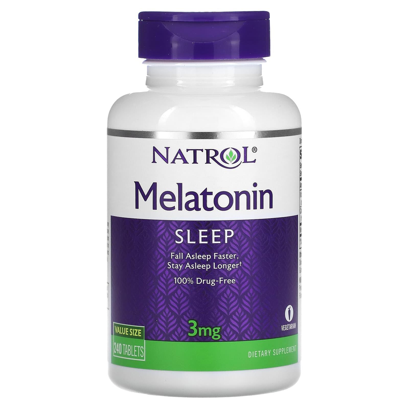Natrol Melatonin 3 mg tablets, dietary supplement for sleep support, displayed in a bottle with label details.