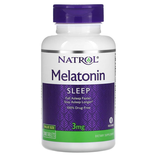 Natrol Melatonin 3 mg tablets, dietary supplement for sleep support, displayed in a bottle with label details.