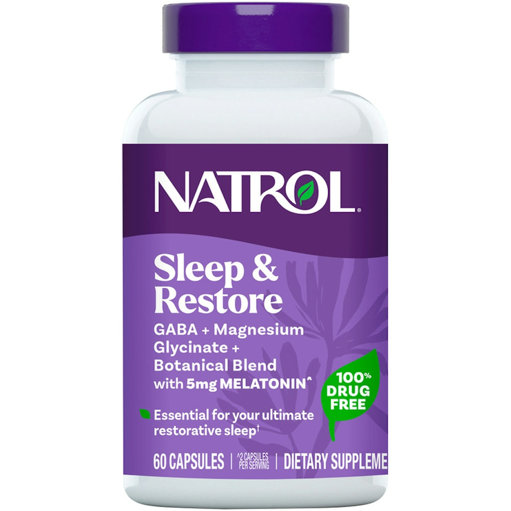 Natrol Melatonin Restore sleep aid supplement in 60 capsules, dietary vitamins and supplements for restful sleep.