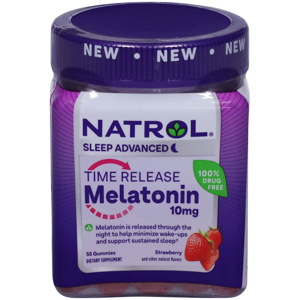 Natrol Melatonin Time Release Gummies in 10 mg, dietary supplement for sleep support, featuring a clear bottle of gummy vitamins.