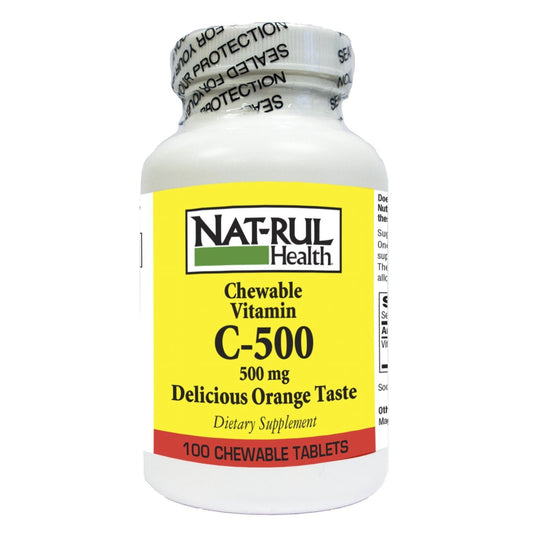 Natrul Health C Vitamin 500mg chewable tablets from Pasteur Pharmacy, vitamin supplement with bright orange chewable tablets.