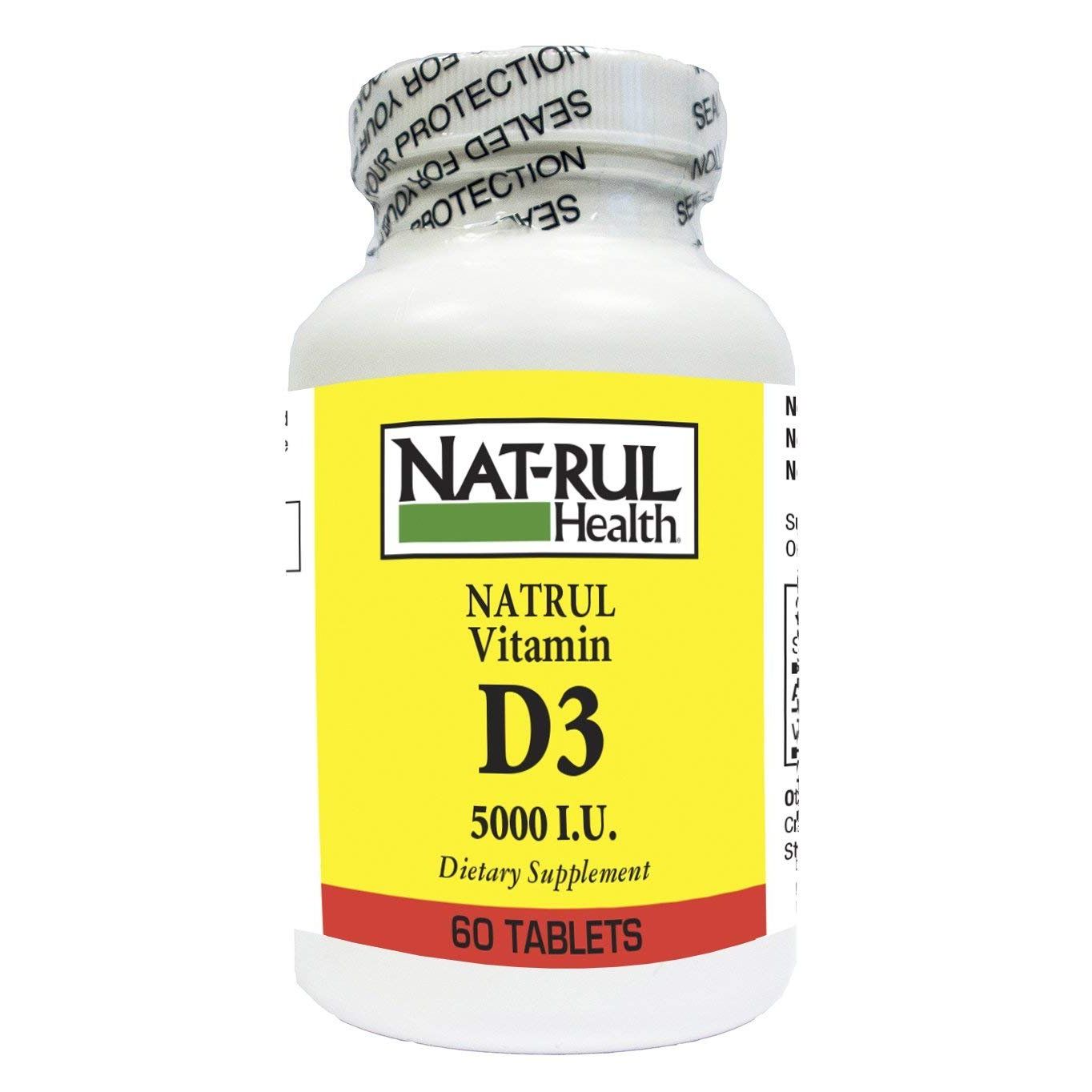 Natrul Health Vitamin D 5000 I.U tablets in a bottle, dietary supplement for immune support, from Pasteur Pharmacy.