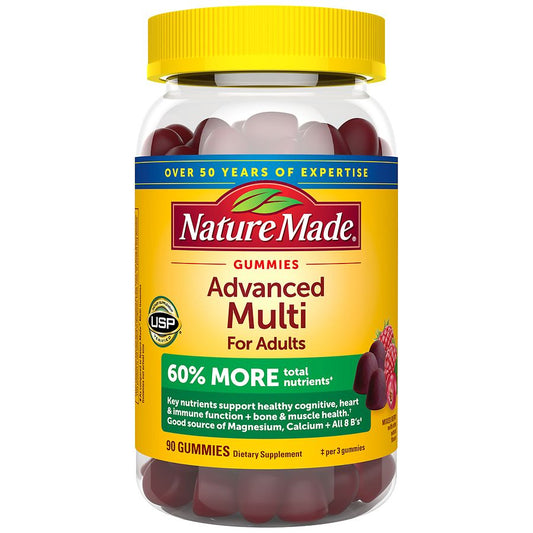 Nature Made Advanced Multi for Adults multivitamin gummies in mixed berry flavor, featuring colorful berry-flavored supplement chews.