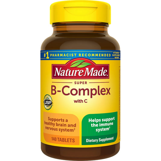 Nature Made B Complex with C super tablets, vitamins and supplements, shown in a bottle with colorful tablets inside
