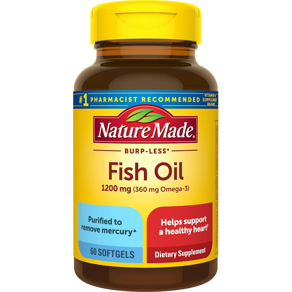 Nature Made Burp-less Fish Oil 1200 mg softgels in a bottle, dietary supplement for heart and joint health.