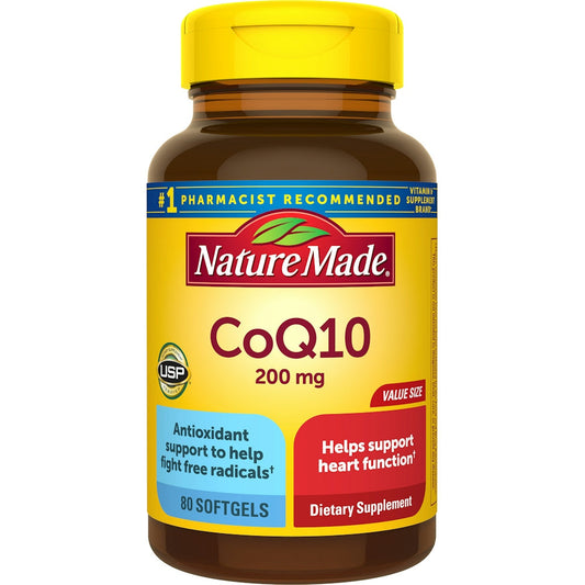 Nature Made CoQ10 200 mg softgels, vitamin supplement in a large value size bottle, designed for heart health support.
