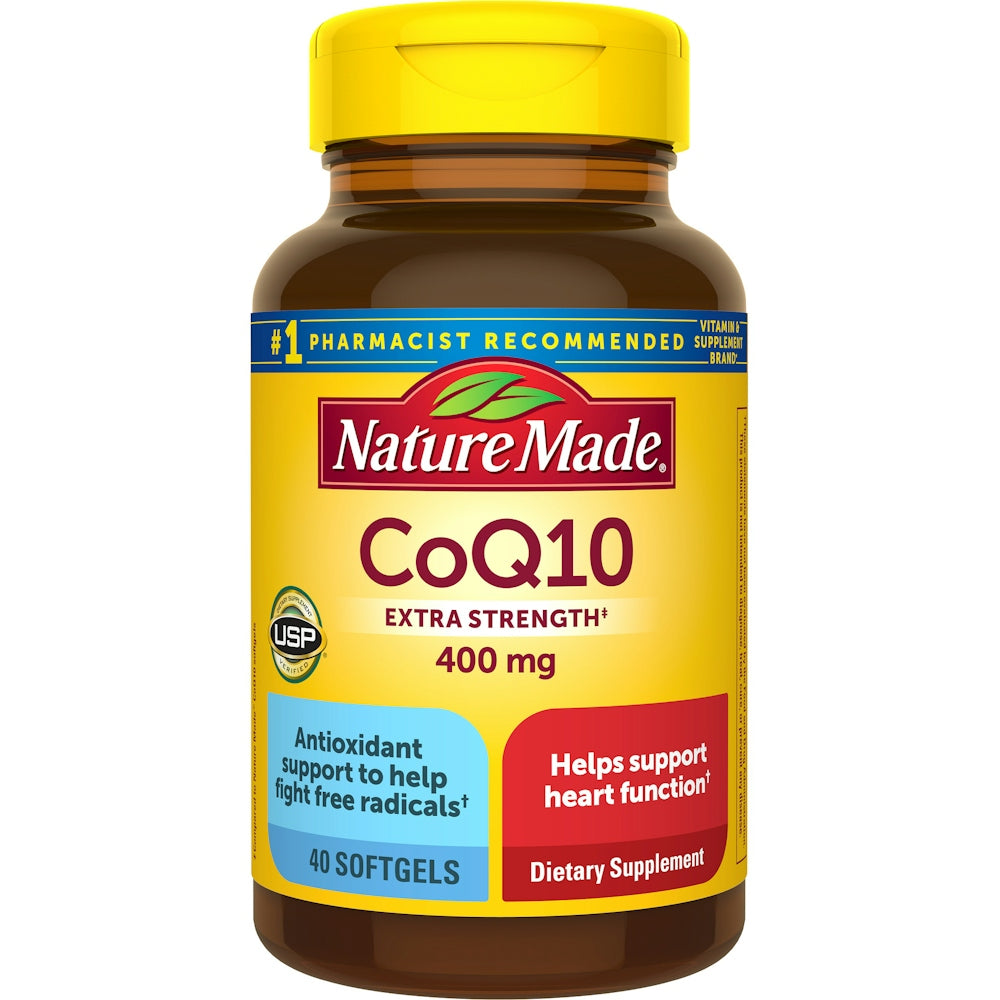 Nature Made CoQ10 Extra Strength 400 mg softgels in clear bottle, dietary supplement for heart health and energy support