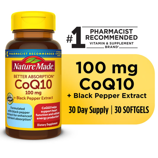Nature Made CoQ10 100 mg with Black Pepper Extract softgels, dietary vitamins and supplements in clear softgel capsules.