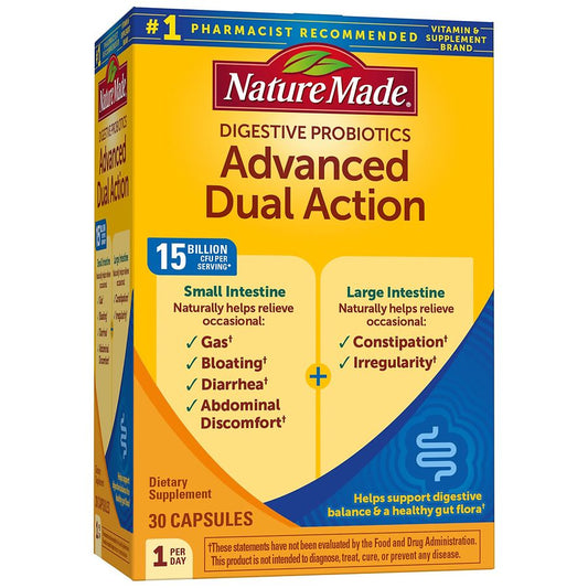 Nature Made Digestive Probiotics capsules with 15 billion CFU, advanced dual action, 30 count bottle, dietary supplement.