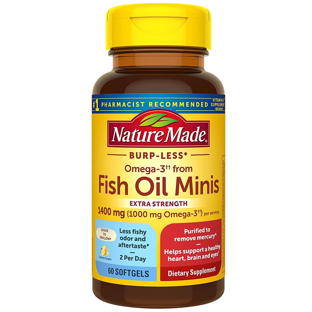Nature Made Extra Strength Burp Less Omega-3 Fish Oil 1400 mg minis bottle for dietary supplements and vitamins.